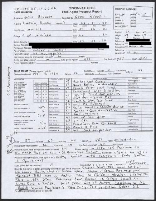 Barry Larkin scouting report, 1985 February 11