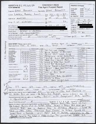 Barry Larkin scouting report, 1985 February 11