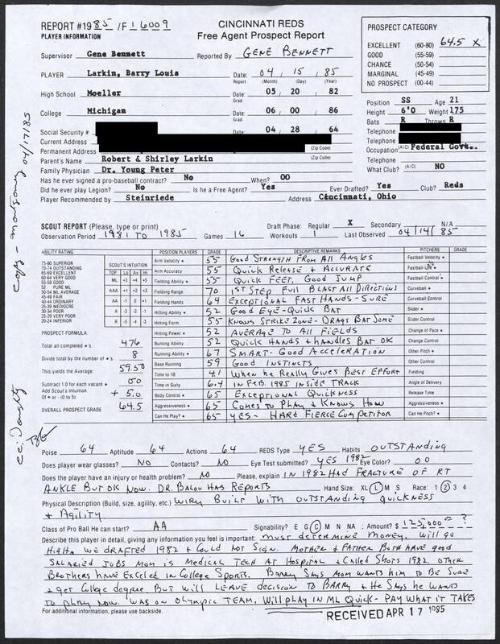 Barry Larkin scouting report, 1985 April 15