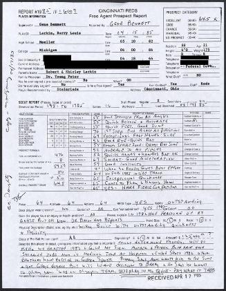 Barry Larkin scouting report, 1985 April 15