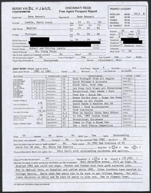 Barry Larkin scouting report, 1985 May 01