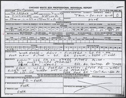 Tim Layana scouting report, 1990 September 17