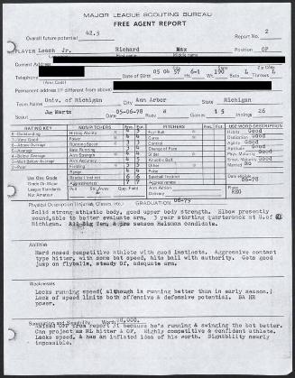 Rick Leach scouting report, 1978 May 06