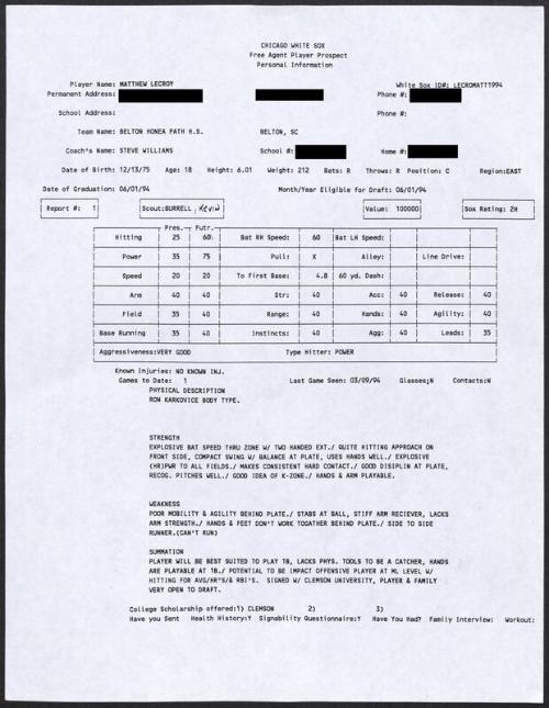 Matt LeCroy scouting report, 1994 March 09