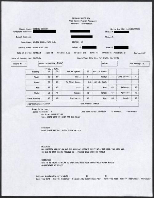 Matt LeCroy scouting report, 1994 March 18