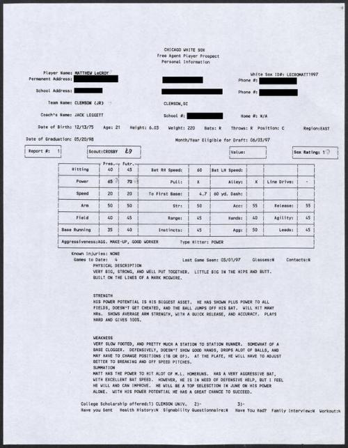 Matt LeCroy scouting report, 1997 March 01