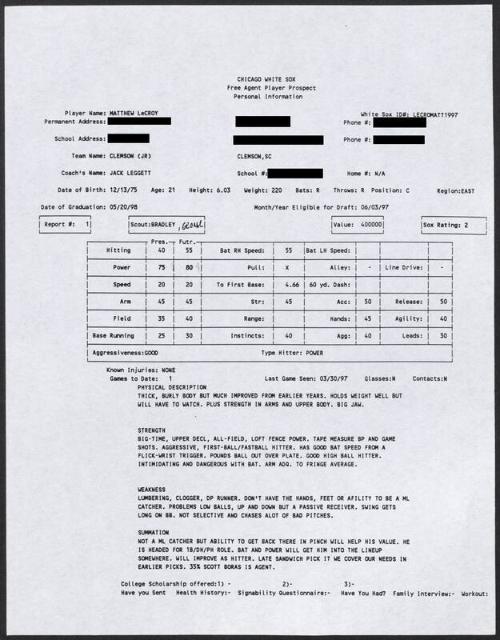 Matt LeCroy scouting report, 1997 March 30