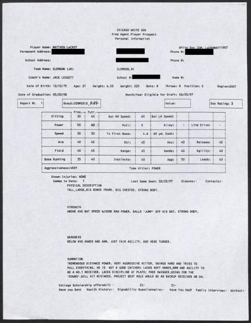 Matt LeCroy scouting report, 1997 February 23