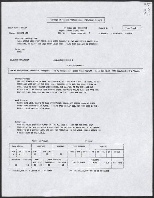 Derrek Lee scouting report, 1995 July 09