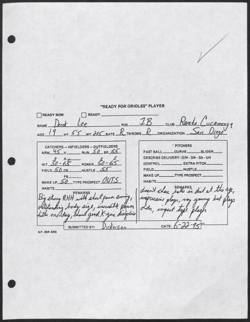 Derrek Lee scouting report, 1995 June 22