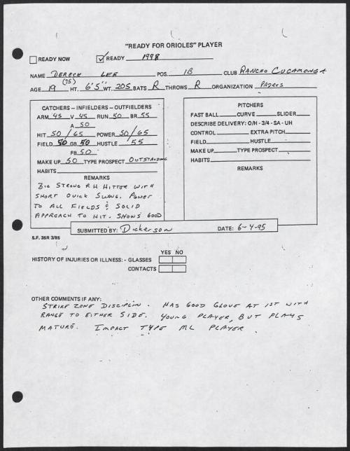 Derrek Lee scouting report, 1995 June 04