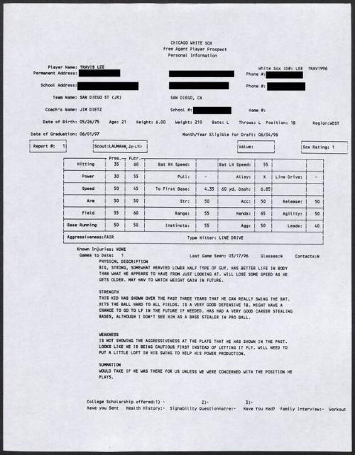 Travis Lee scouting report, 1996 March 17