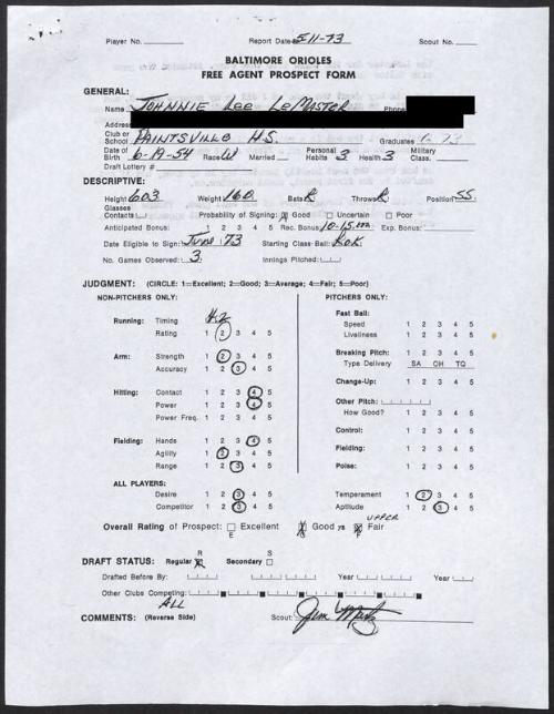 Johnnie LeMaster scouting report, 1973 May 11