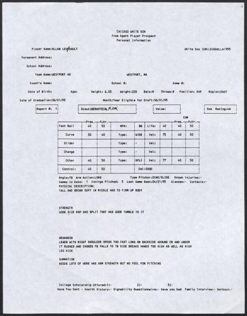 Allen Levrault scouting report, 1995 April 21