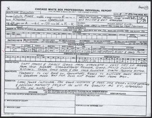 Mark Lewis scouting report, 1989 August 19