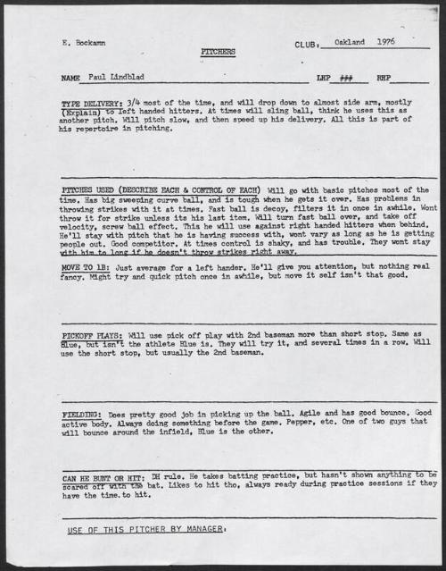 Paul Lindblad scouting report, 1976 September