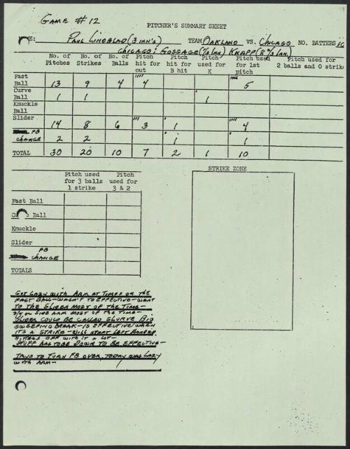 Paul Lindblad scouting report, 1976 September 08