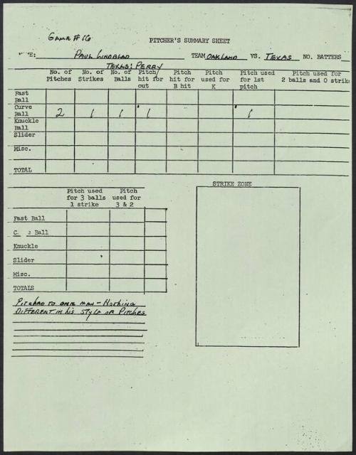 Paul Lindblad scouting report, 1976 September 17