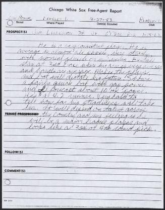 Jim Lindeman scouting report, 1983 April 27