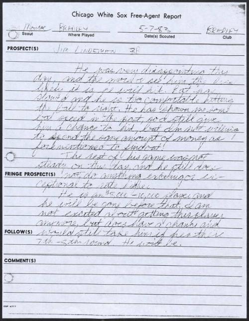 Jim Lindeman scouting report, 1983 May 07