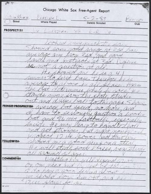 Jim Lindeman scouting report, 1983 May 02