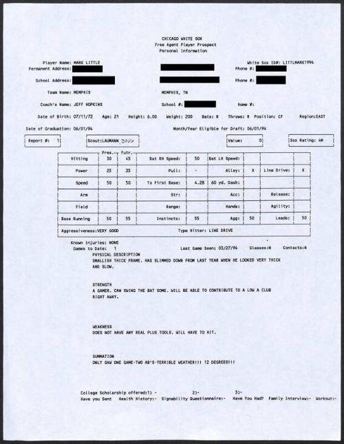 Mark Little scouting report, 1994 March 27