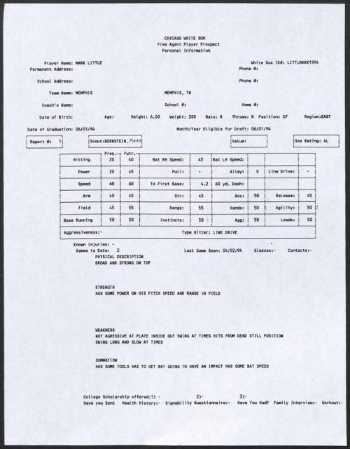 Mark Little scouting report, 1994 April 02