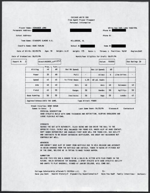 Terrence Long scouting report, 1994 April 20