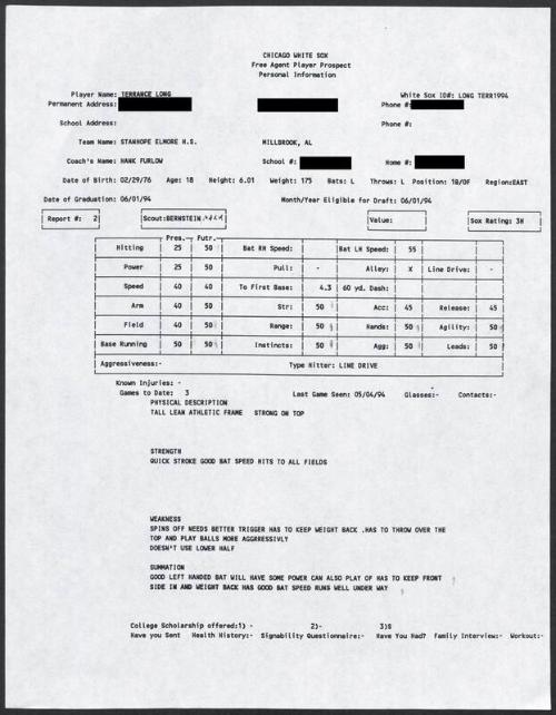 Terrence Long scouting report, 1994 May 04