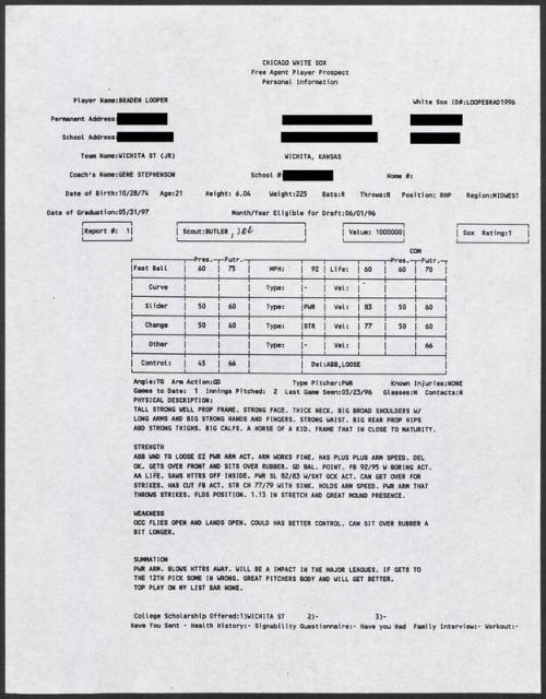 Braden Looper scouting report, 1996 March 23