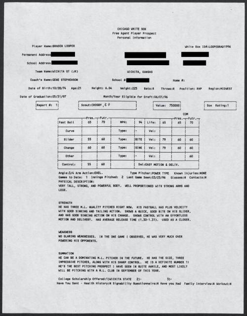 Braden Looper scouting report, 1996 March 23