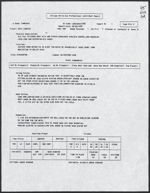 Eric Ludwick scouting report, 1995 June 22