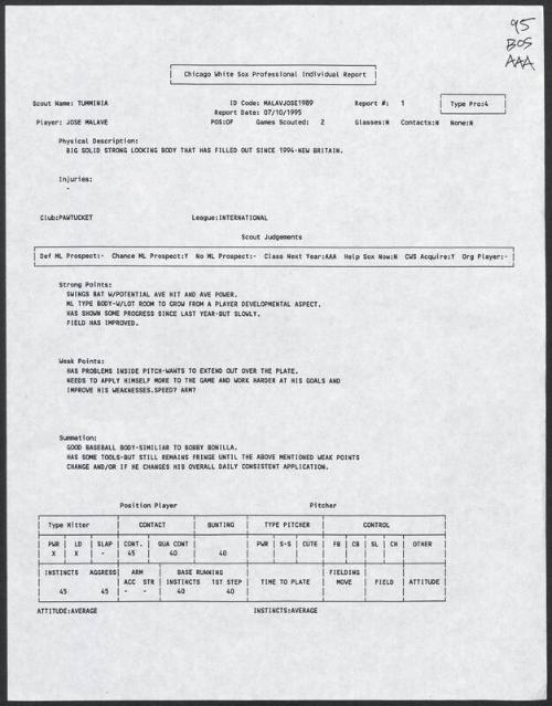 Jose Malave scouting report, 1995 July 10