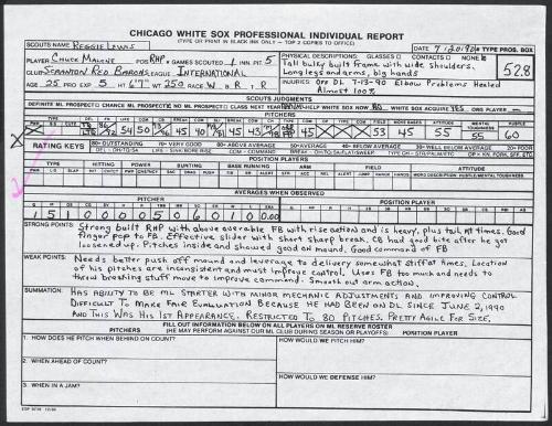 Chuck Malone scouting report, 1990 July 20