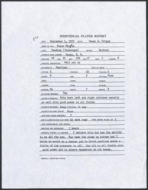 Roger Maris scouting report, 1955 September 01