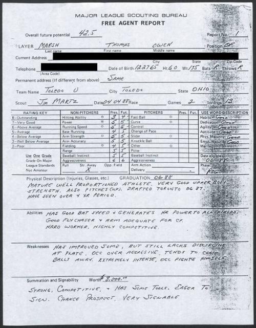 Tom Marsh scouting report, 1988 April 04