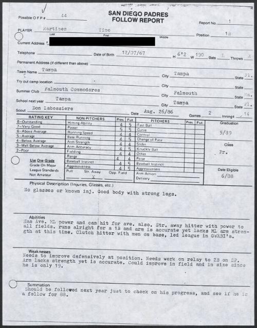 Tino Martinez scouting report, 1986 August 26