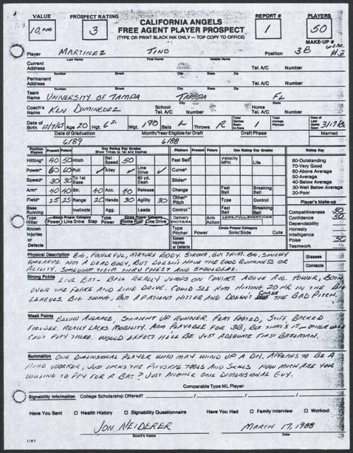 Tino Martinez scouting report, 1988 March 17