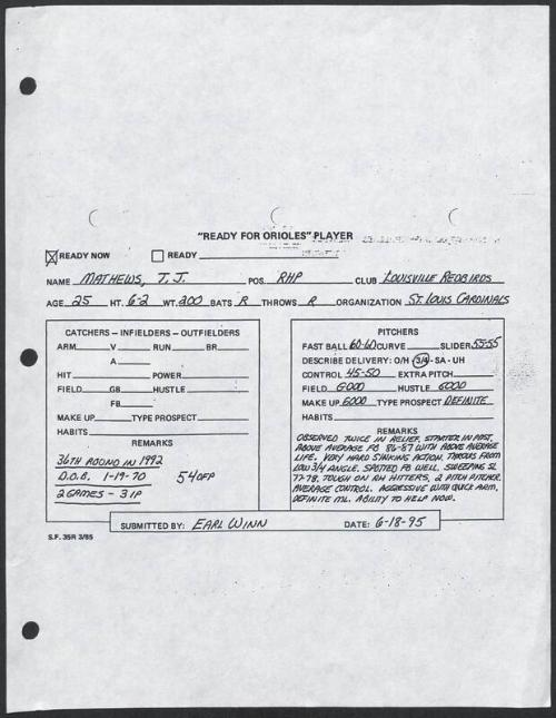 T.J. Mathews scouting report, 1995 June 18