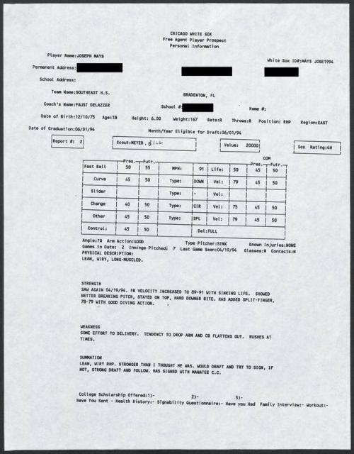 Joe Mays scouting report, 1994 April 19