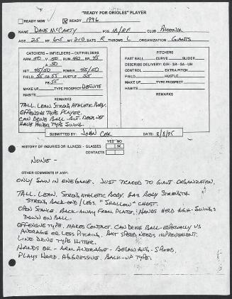 Dave McCarty scouting report, 1995 August 08