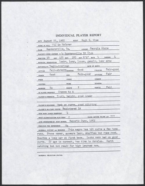 Willie McCovey scouting report, 1955 August 27