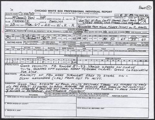 Ben McDonald scouting report, 1989 August 30