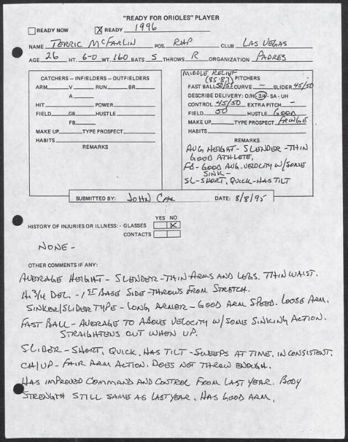 Terric McFarlin scouting report, 1995 August 08