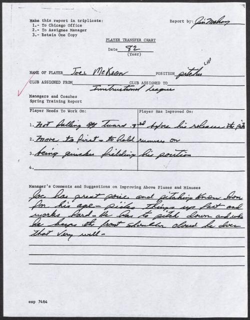 Joel McKeon scouting report, 1982