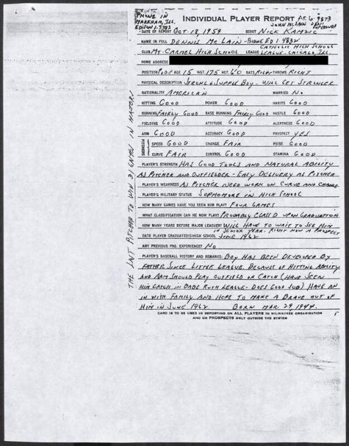 Denny McLain scouting report, 1959 October 18