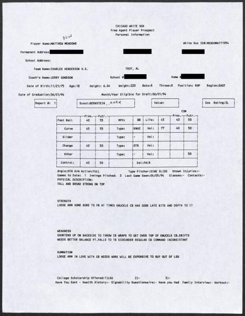 Brian Meadows scouting report, 1994 April 05