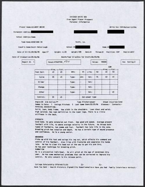 Gil Meche scouting report, 1996 February 25