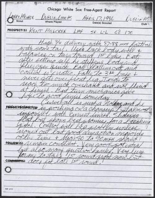 Kent Mercker scouting report, 1986 April 17