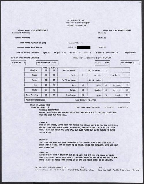 Doug Mientkiewicz scouting report, 1995 March 19